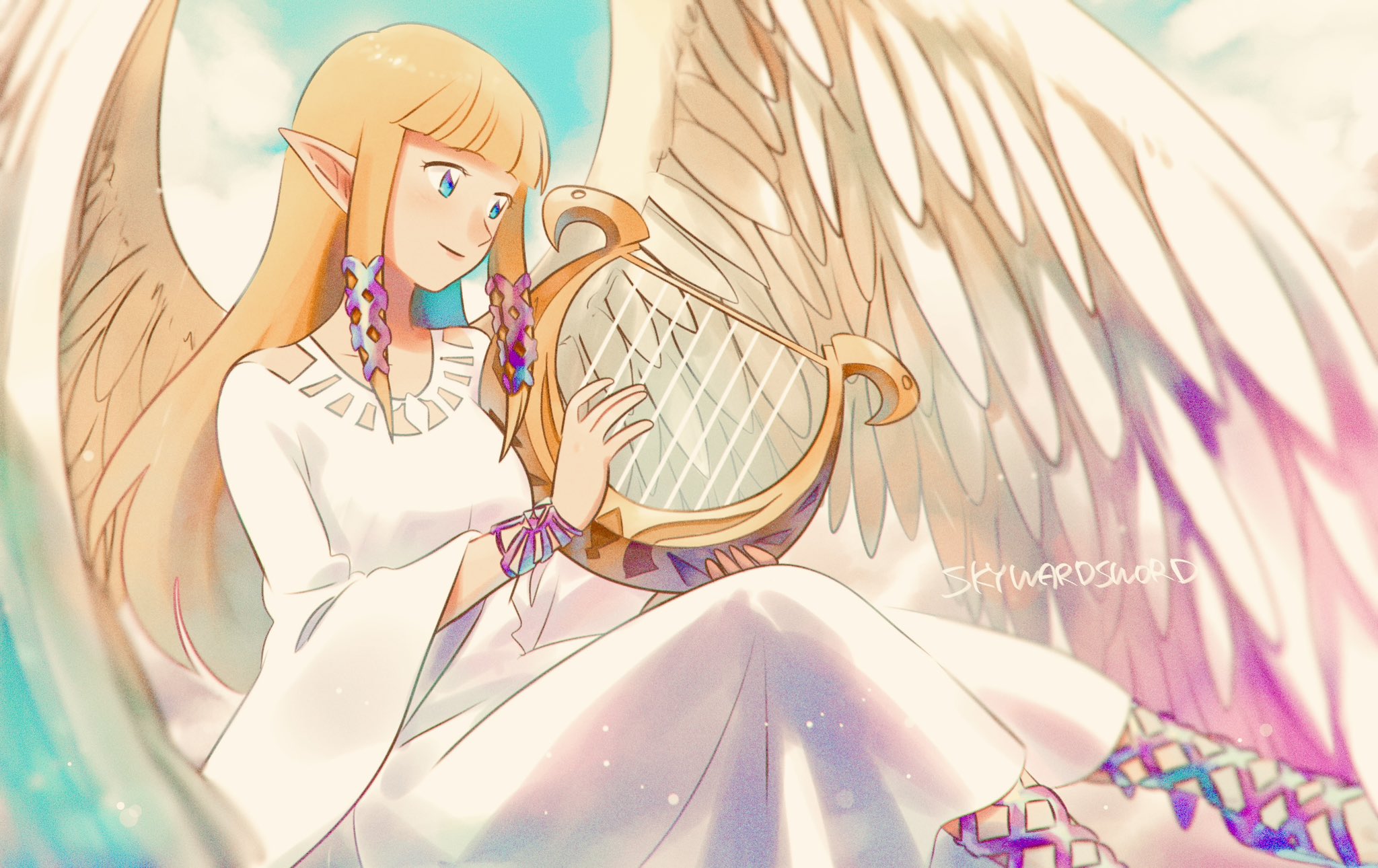 tkdnlerkdtpfsut, princess zelda, nintendo, the legend of zelda, the legend of zelda: skyward sword, highres, 1girl, angel wings, blonde hair, blue eyes, blunt bangs, breasts, closed mouth, copyright name, dress, feathered wings, hair ribbon, holding harp, long dress, long hair, long sleeves, medium breasts, pointy ears, ribbon, sidelocks, smile, solo, white dress, white wings, wide sleeves, wings, wrist ribbon