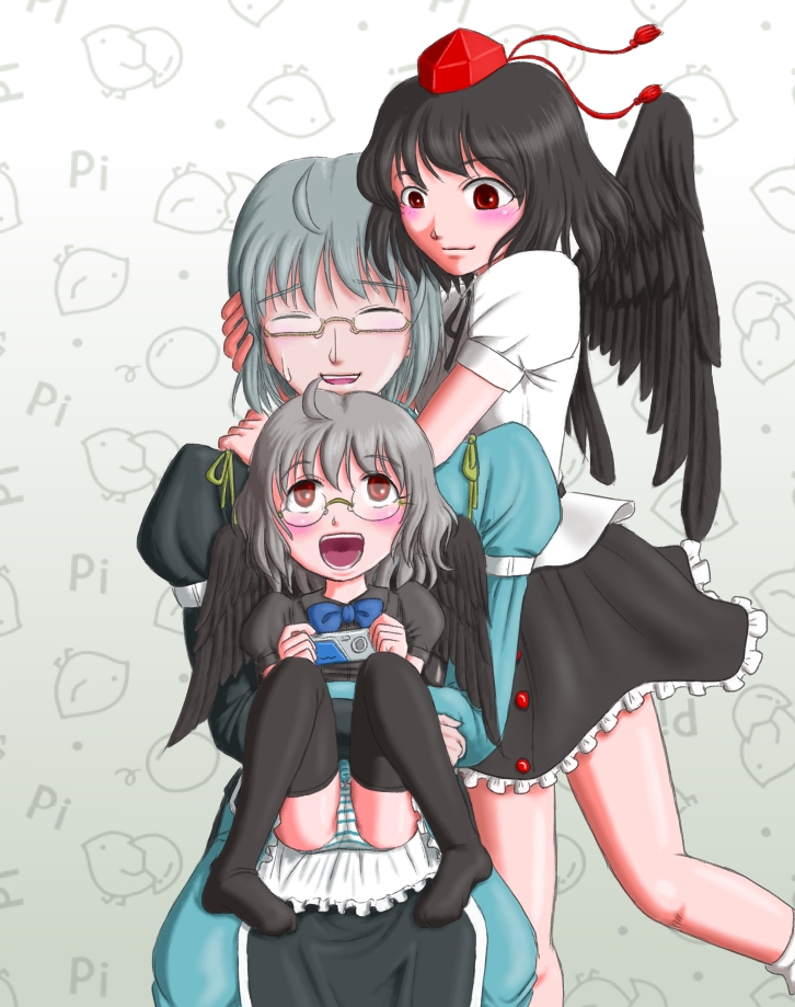 yoshio (yoshiwo0221), morichika rinnosuke, shameimaru aya, touhou, silver hair, 1boy, 2girls, black hair, black wings, blush, camera, couple, glasses, hat, hetero, if they mated, multiple girls, panties, red eyes, ribbon, short hair, skirt, striped clothes, striped panties, underwear, wings