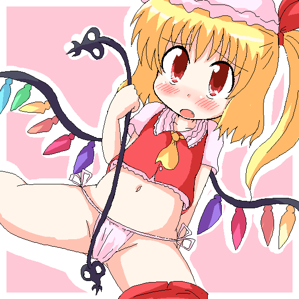 geetsu, flandre scarlet, touhou, 1girl, blonde hair, female focus, hat, laevatein, loli, mob cap, panties, ponytail, ribbon, short hair, side-tie panties, simple background, solo, underwear, wings
