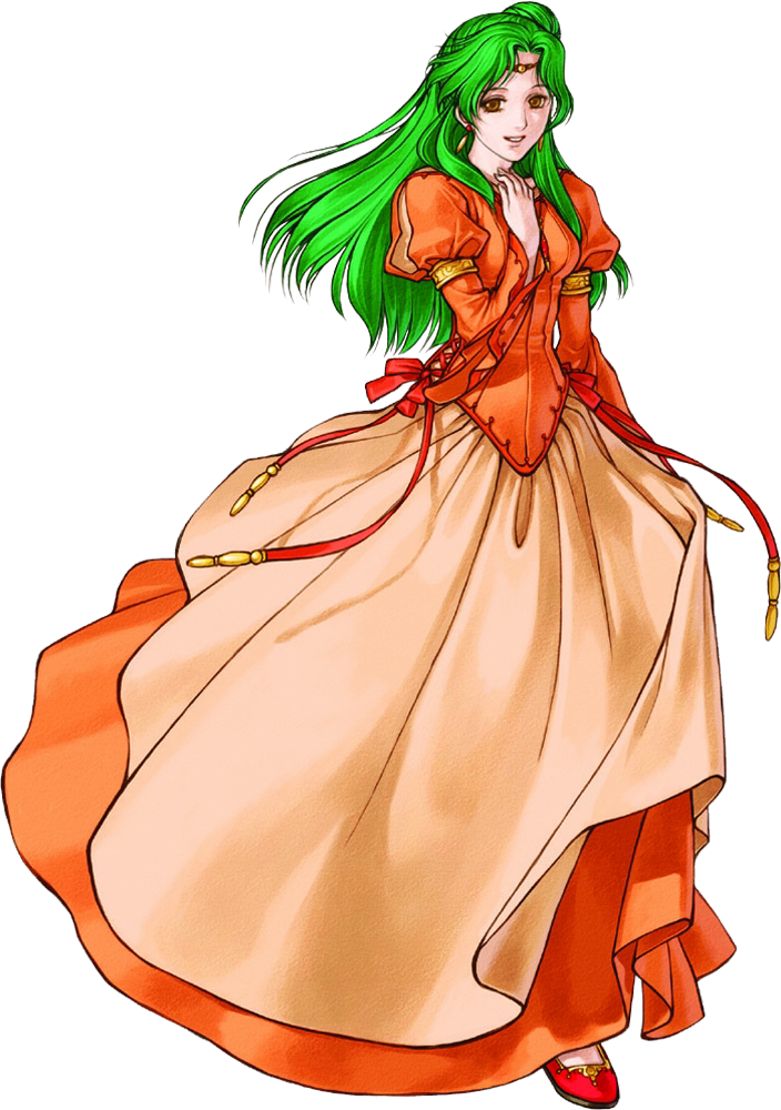 kita senri, elincia ridell crimea, fire emblem, fire emblem: souen no kiseki, official art, brown eyes, dress, earrings, green hair, hair bun, jewelry, long hair, princess, transparent background