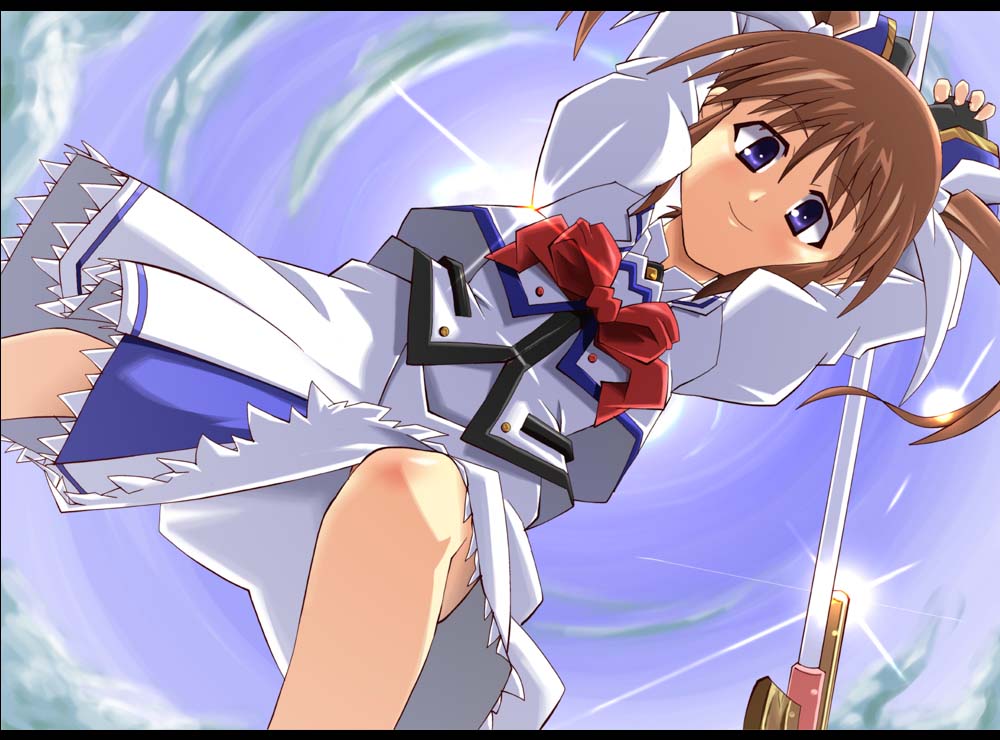 shin'ya (nanp), raising heart, takamachi nanoha, takamachi nanoha (sacred mode), lyrical nanoha, mahou shoujo lyrical nanoha, mahou shoujo lyrical nanoha a's, 00s, 1girl, female focus, letterboxed, ribbon, solo, twintails
