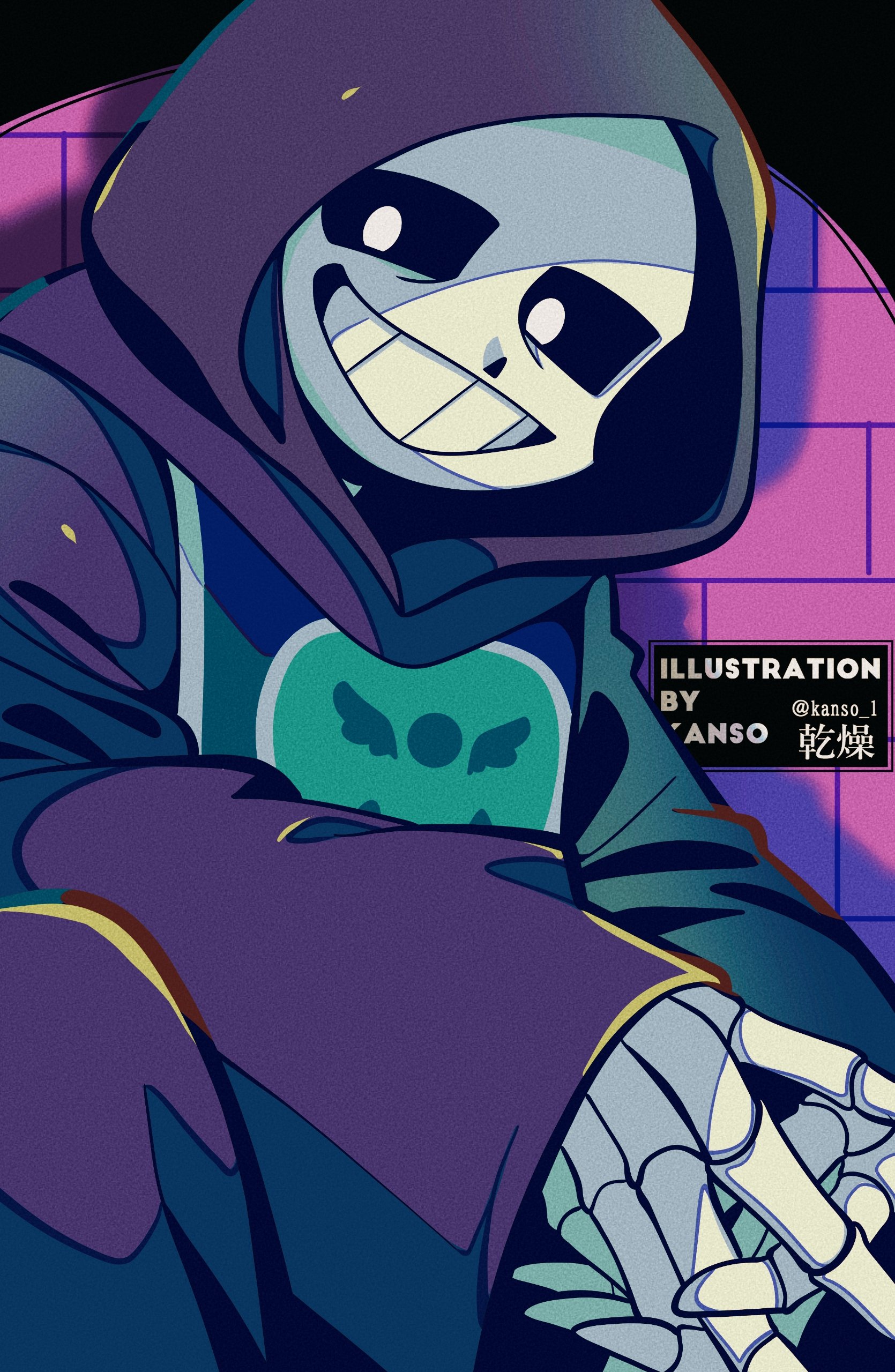 kansou (kanso 1), sans (undertale), undertale, utdr (toby fox), absurdres, bad id, bad pixiv id, highres, inactive account, 1boy, :d, alternate universe, black robe, brick wall, drop shadow, feet out of frame, film grain, grin, hood, hood up, hooded robe, knees up, long sleeves, male focus, no pupils, open mouth, own hands together, pink background, robe, simple background, sitting, skeleton, smile, solo, twitter username, v arms, watermark, white eyes, wide sleeves