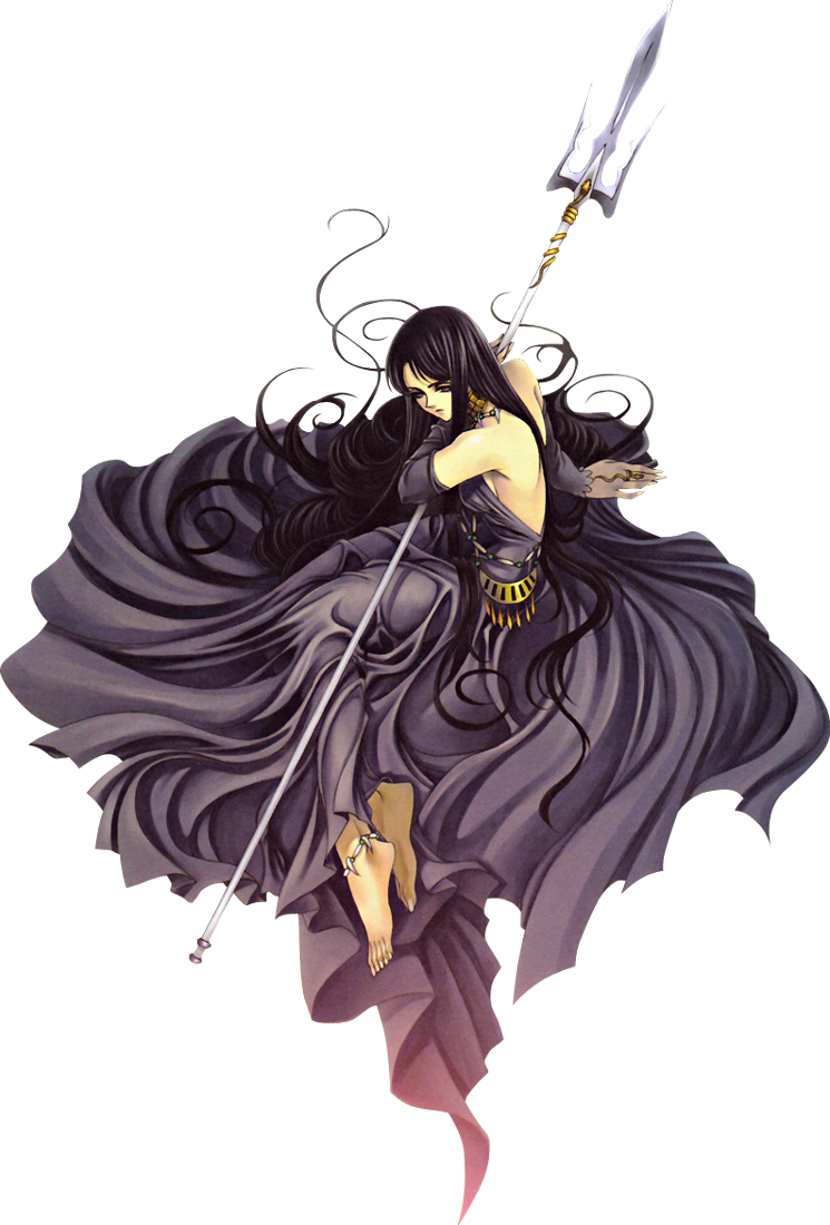 future studio (artist), pandora (saint seiya), saint seiya, 1girl, back, barefoot, black hair, dress, female focus, full body, jewelry, necklace, polearm, purple eyes, solo, spear, transparent background, trident, weapon