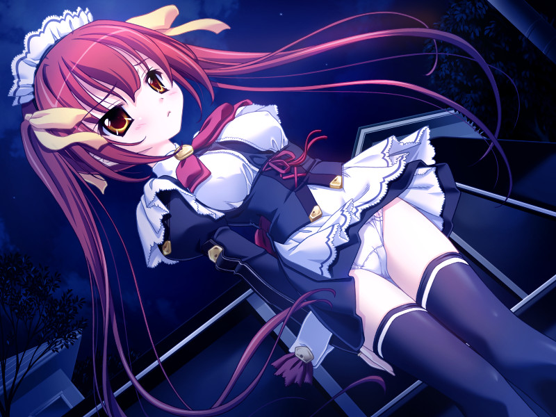 kishi nisen, tobari (ore to kanojo wa shujuu na kankei), ore to kanojo wa shujuu na kankei, game cg, 1girl, black thighhighs, blush, breasts, cameltoe, clothes lift, covered erect nipples, dutch angle, female focus, frown, hair ribbon, long hair, maid, maid headdress, medium breasts, night, outdoors, panties, red hair, ribbon, skirt, skirt lift, solo, thighhighs, twintails, underwear, upskirt, very long hair, white panties, yellow eyes