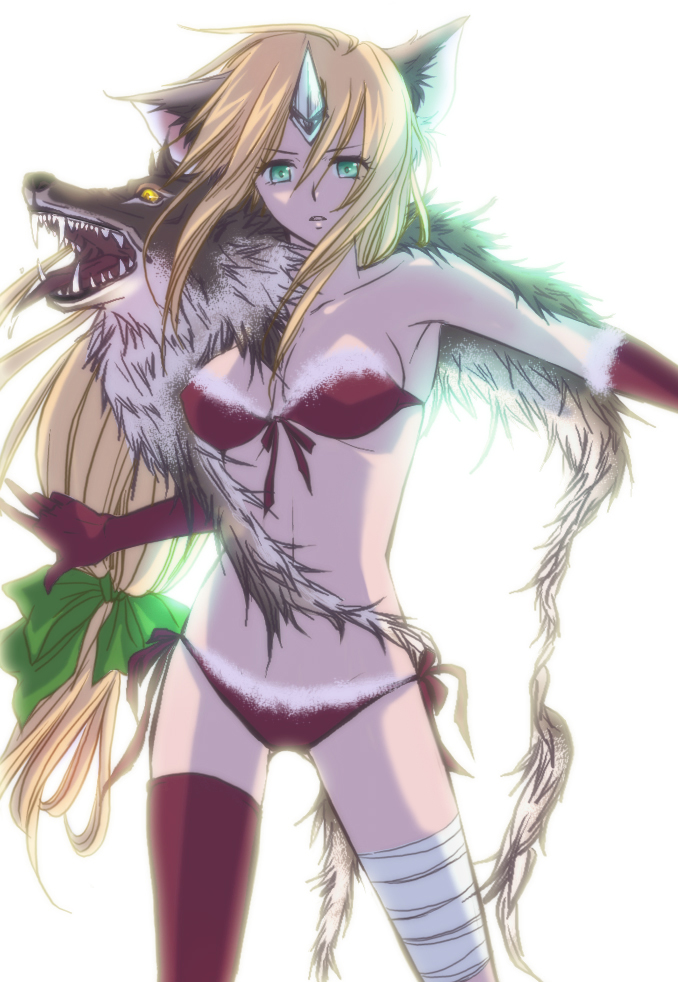 caryo, nanashino, fenrir knight, riesz, seiken densetsu, seiken densetsu 3, bad id, bad pixiv id, 1girl, animal ears, bandages, bikini, blonde hair, female focus, gloves, green eyes, hair ribbon, horns, long hair, low-tied long hair, red bikini, ribbon, single horn, solo, swimsuit, thighhighs, very long hair, wolf, wolf ears