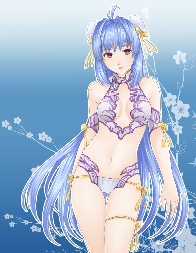 ohse, kos-mos, xenosaga, bad id, bad pixiv id, 00s, 1girl, bare shoulders, bikini, blue hair, breasts, bun cover, cleavage, double bun, female focus, hair bun, long hair, lowleg, lowleg bikini, navel, red eyes, side-tie bikini bottom, small breasts, solo, swimsuit, very long hair