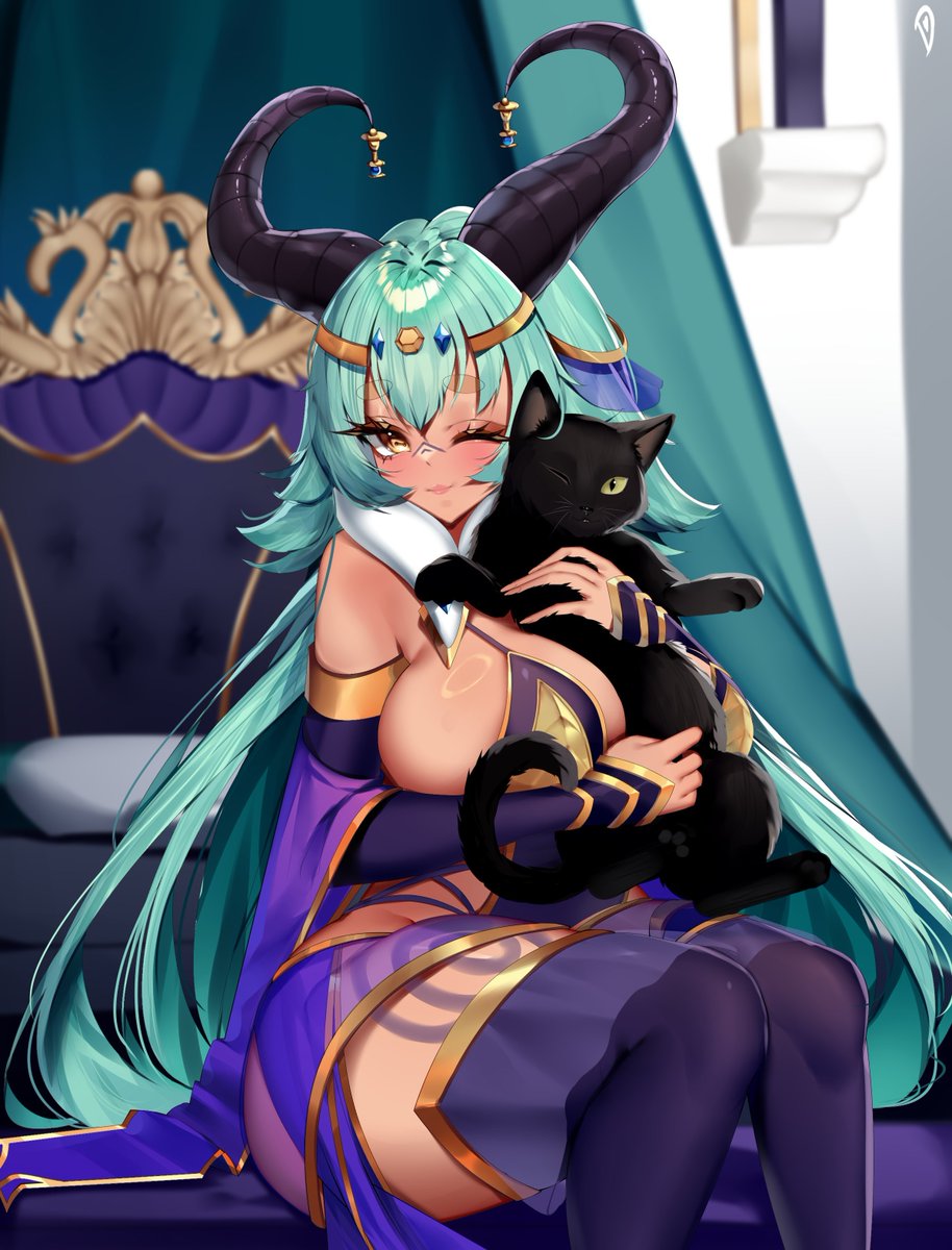 azura dulait, vallure, highres, second-party source, 1girl, animal, aqua hair, black horns, body markings, breasts, cat, dorobo ne, earrings, goat horns, gold earrings, holding, holding animal, holding cat, horn ornament, horns, jewelry, large breasts, long hair, one eye closed, pillow, sitting, tan, virtual youtuber, yellow eyes