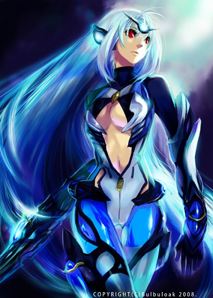 kimichiko, kimihiyo, kos-mos, kos-mos ver. 3, xenosaga, xenosaga episode iii, 00s, 1girl, android, blue hair, elbow gloves, female focus, gloves, long hair, red eyes, solo, thighhighs
