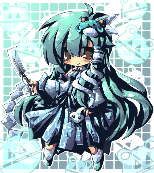 dango mushi, kochiya sanae, touhou, 1girl, female focus, green hair, japanese clothes, long hair, miko, solo