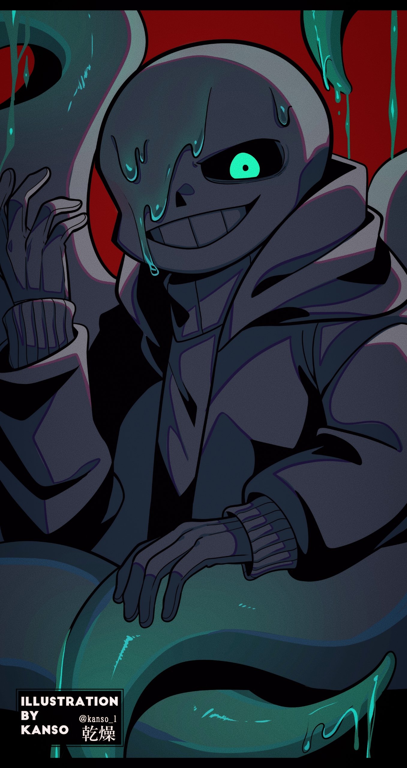kansou (kanso 1), sans (undertale), undertale, utdr (toby fox), absurdres, bad id, bad pixiv id, highres, inactive account, 1boy, :d, alternate universe, aqua eyes, black jacket, black sweater, dreamtale, film grain, glowing, glowing eye, grin, hand up, hood, hood down, hooded jacket, jacket, long sleeves, male focus, open clothes, open jacket, open mouth, puffy long sleeves, puffy sleeves, red background, simple background, skeleton, smile, solo, sweater, tentacles, turtleneck, turtleneck sweater, twitter username, upper body, watermark