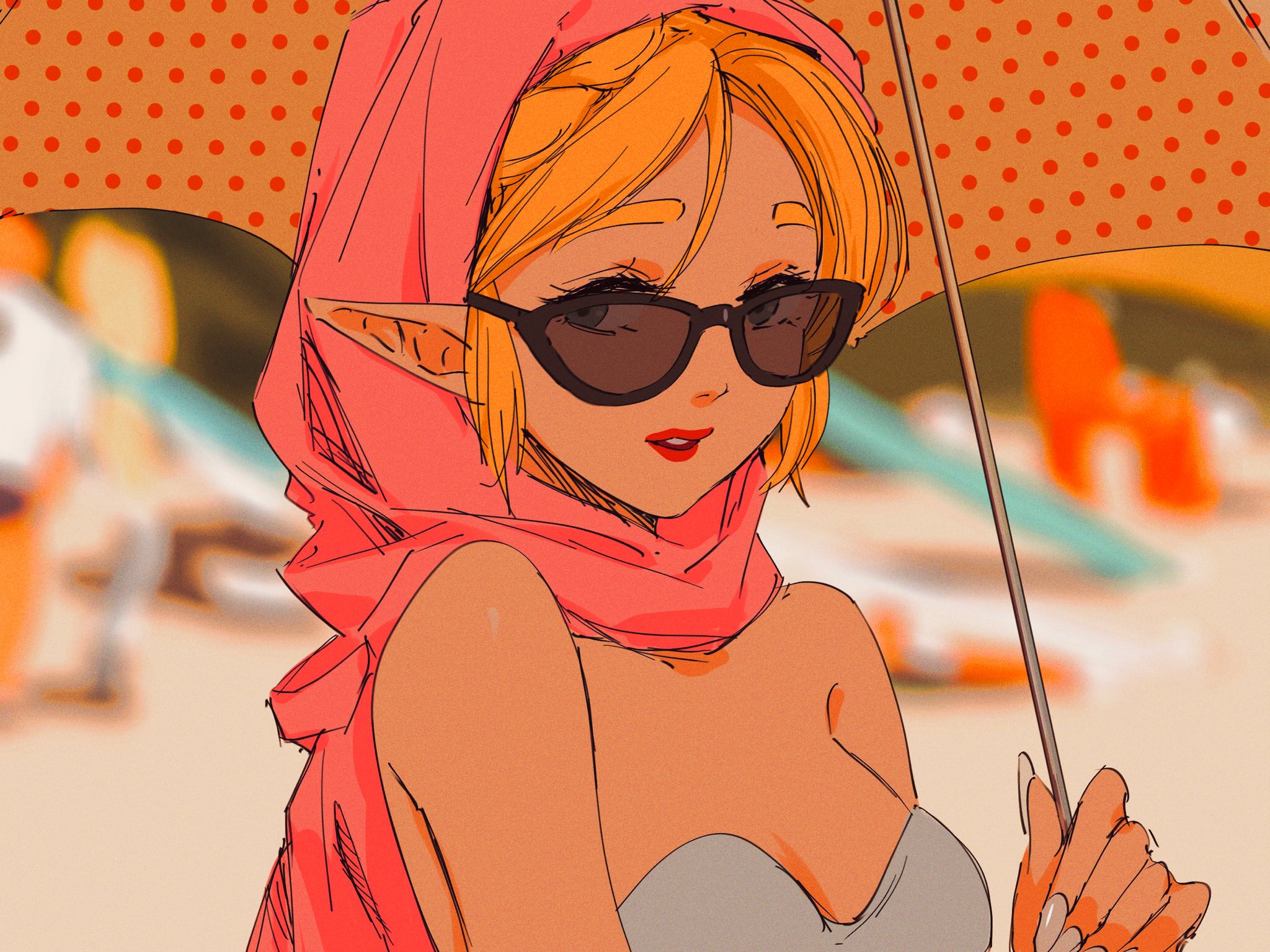 tkdnlerkdtpfsut, princess zelda, sabrina carpenter, nintendo, the legend of zelda, the legend of zelda: breath of the wild, highres, 1girl, bare shoulders, blonde hair, blurry, blurry background, braid, breasts, cleavage, cosplay, crown braid, dress, headscarf, holding, holding umbrella, looking at viewer, medium breasts, nail polish, parted bangs, parted lips, pink scarf, pointy ears, polka dot, polka dot umbrella, sabrina carpenter (cosplay), scarf, sidelocks, solo, sunglasses, umbrella, upper body, white dress, white nails