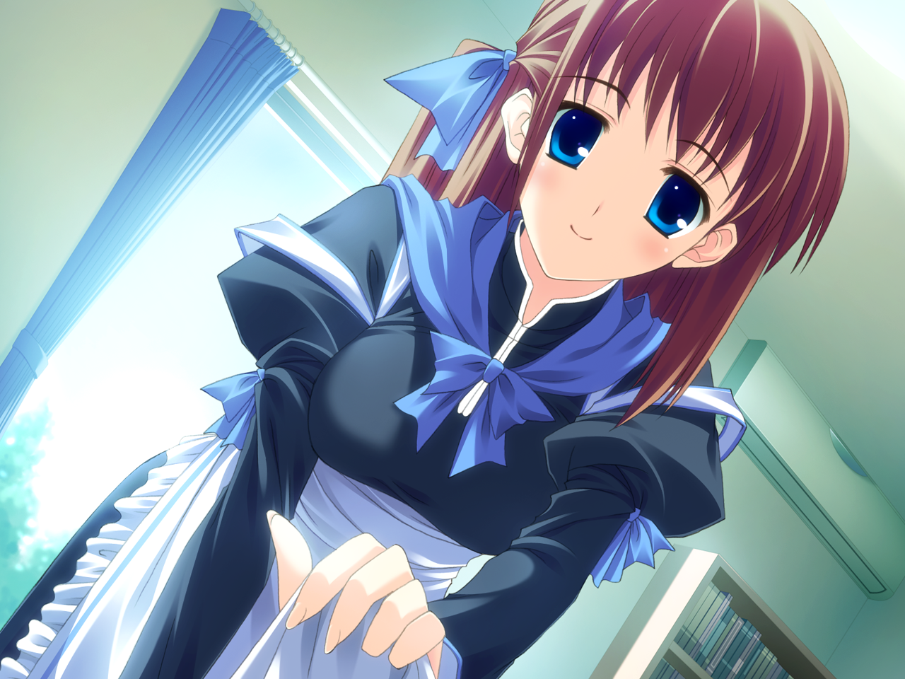hinata nao, original, bad id, bad pixiv id, apron, blue eyes, brown hair, maid, maid apron, smile, solo, window