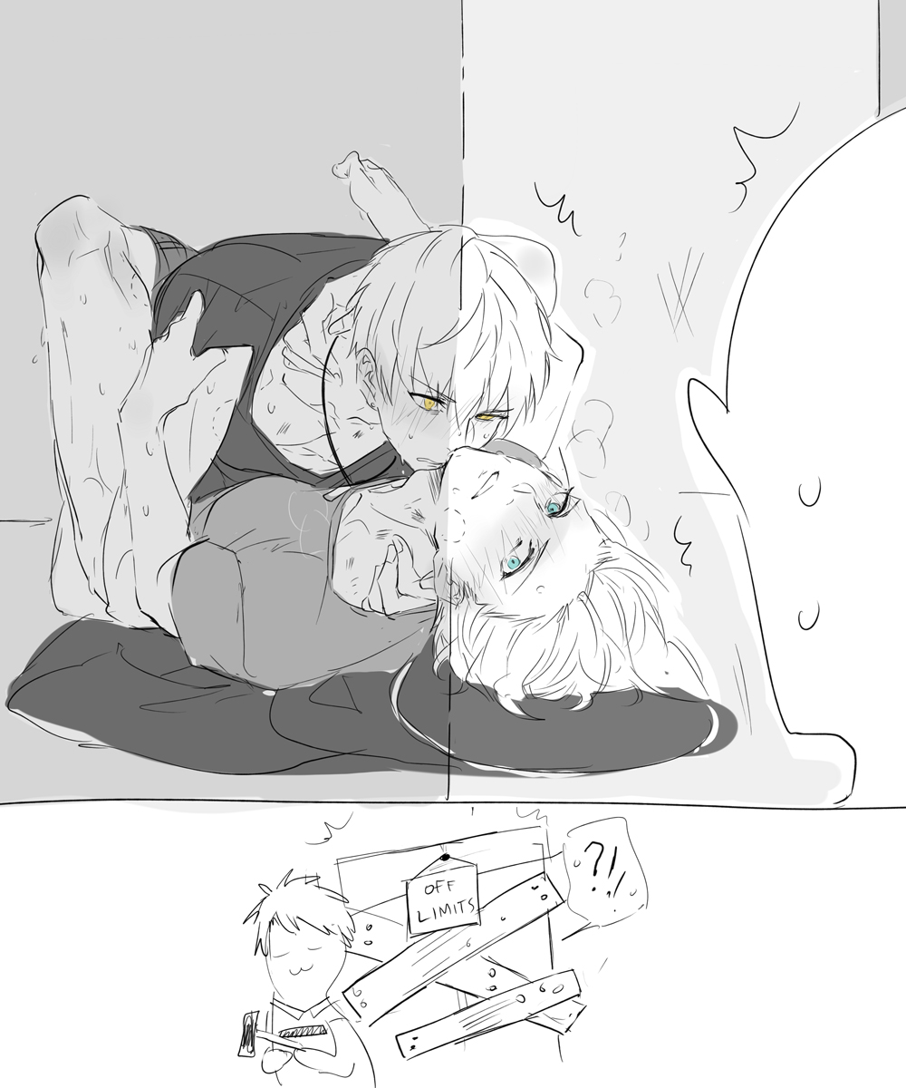 pvc parfait, arthur pendragon (fate), arthur pendragon alter (fate), fate/grand order, fate/prototype, fate (series), highres, !?, 3boys, :3, ^^^, bite mark, blue eyes, blush, closed eyes, closed mouth, collarbone, door, dual persona, english text, fingernails, greyscale, hair between eyes, hammer, hand on another's neck, hickey, huffing, jewelry, looking at another, lying, male focus, monochrome, multiple boys, necklace, on back, selfcest, shirt, short hair, short sleeves, shorts, sign, simple background, smile, sweat, t-shirt, teeth, v-shaped eyebrows, yaoi, yellow eyes