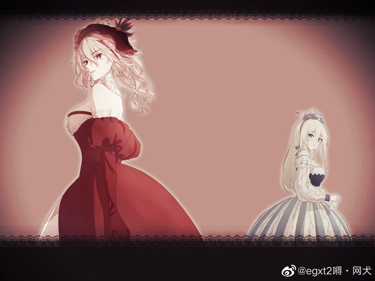 m1887 (girls' frontline), suomi (girls' frontline), girls' frontline, bad link, 2girls, bare shoulders, blonde hair, blue eyes, bow, breasts, curly hair, dress, egxt2 de-wang quan, hair bow, long hair, long sleeves, multiple girls, red dress, red eyes
