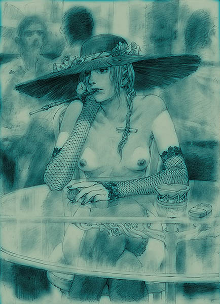 hiroaki samura, samura hiroaki, 1girl, 2boys, ashtray, breasts, breasts apart, chair, cigarette, clothed male nude female, crossed legs, elbow gloves, exhibitionism, fishnets, gloves, hair ribbon, hat, lighter, monochrome, multiple boys, nipples, nude, public indecency, ribbon, sitting, small breasts, smoking, solo focus, table, thighhighs