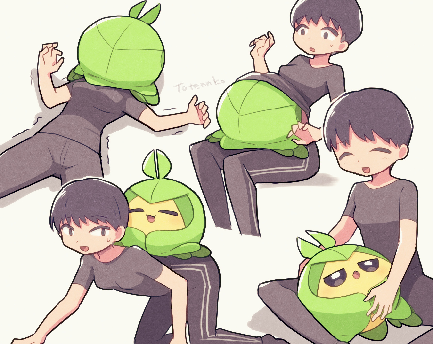 totennko, swadloon, nintendo, pokemon, highres, 1girl, artist name, black hair, black pants, black shirt, closed eyes, gen 5 pokemon, grey background, multiple views, open mouth, pants, pokemon (creature), shirt, short hair, short sleeves, simple background
