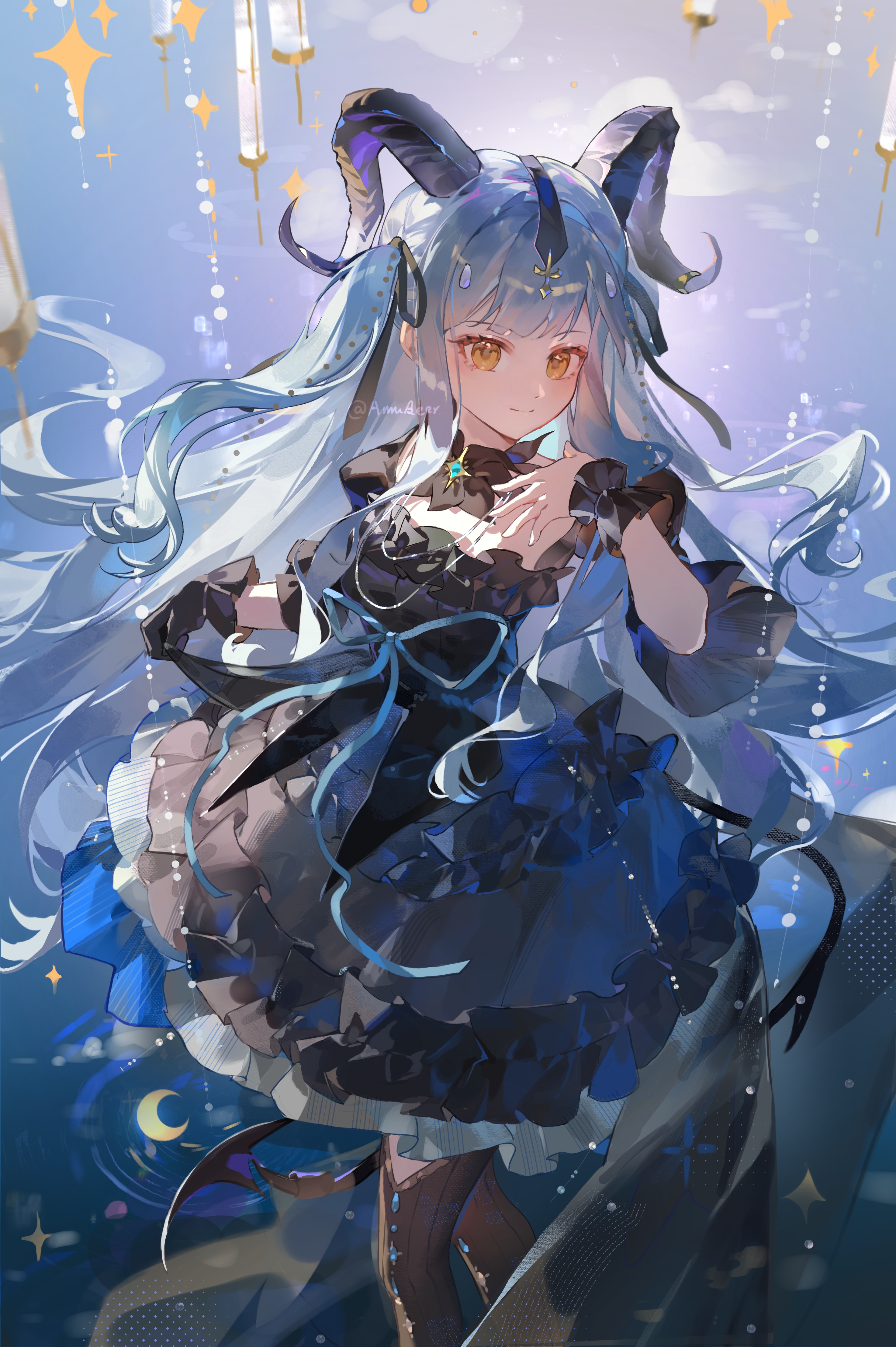 amukeer, togawa sakiko, togawa sakiko (master of melodia), arknights, bang dream!, bang dream! it's mygo!!!!!, absurdres, chinese commentary, commentary request, highres, 1girl, black dress, black gloves, black horns, black ribbon, blue hair, blue ribbon, breasts, cleavage, closed mouth, demon tail, dress, feet out of frame, frilled dress, frills, gloves, hair ribbon, hand up, horns, long hair, looking at viewer, official alternate costume, ribbon, single glove, skirt hold, smile, solo, standing, tail, two side up, very long hair, water, wrist cuffs, yellow eyes