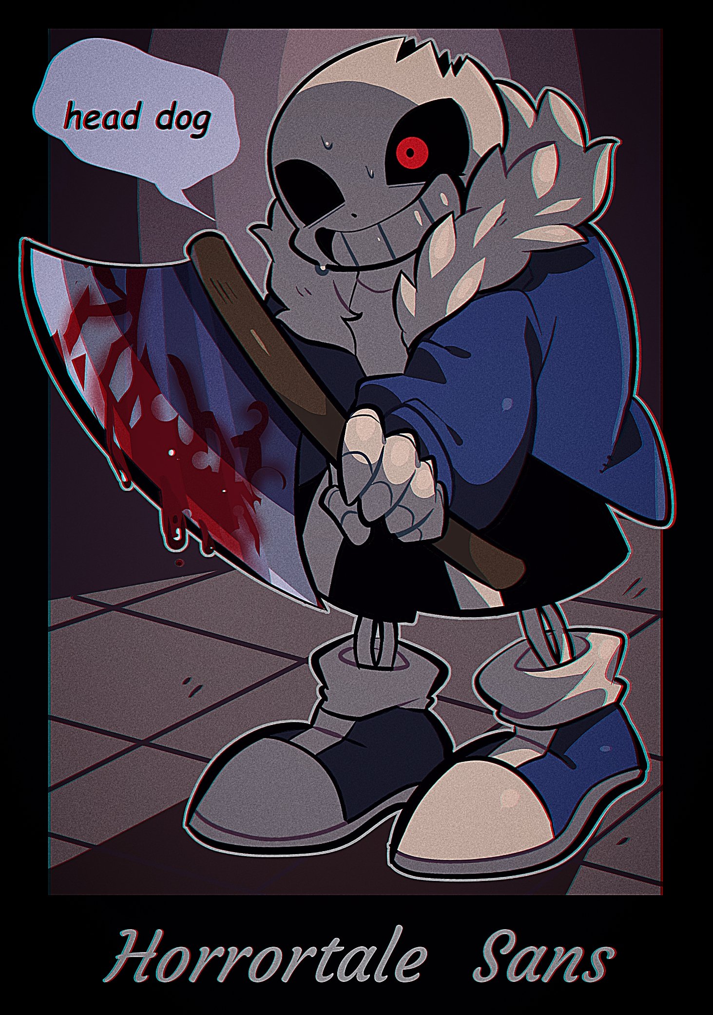 kansou (kanso 1), sans (undertale), horrortale, undertale, utdr (toby fox), bad id, bad pixiv id, highres, inactive account, 1boy, :d, alternate universe, ankle socks, axe, black sclera, black shorts, blood, blood on axe, blue jacket, blue shoes, chromatic aberration, colored sclera, english text, film grain, full body, fur-trimmed jacket, fur trim, grey background, grin, holding, holding axe, indoors, jacket, long sleeves, looking ahead, male focus, open clothes, open jacket, open mouth, outline, puffy long sleeves, puffy sleeves, red eyes, shirt, shoes, shorts, simple background, skeleton, smile, socks, solo, speech bubble, standing, sweat, tile floor, tiles, twitter username, watermark, white outline, white shirt, white socks