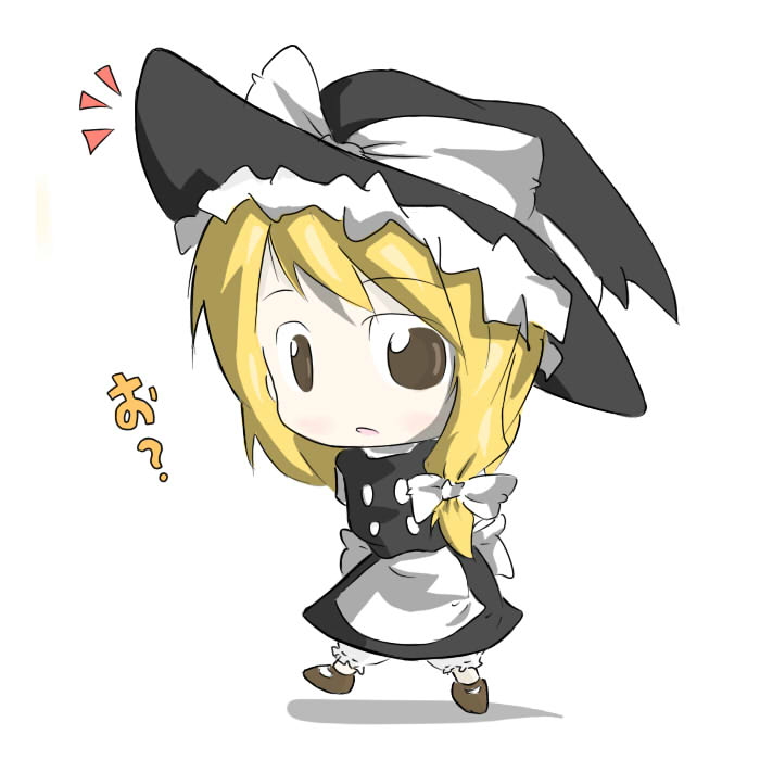 aoblue, kirisame marisa, touhou, 1girl, ^^^, apron, blonde hair, brown eyes, chibi, female focus, full body, hat, looking at viewer, puffy short sleeves, puffy sleeves, short sleeves, simple background, solo, standing, waist apron, white background, witch hat