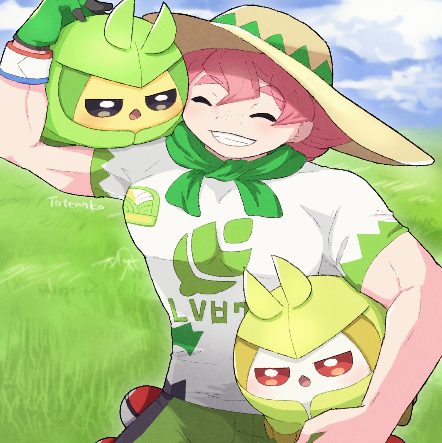 totennko, milo (pokemon), swadloon, nintendo, pokemon, pokemon swsh, highres, 1boy, alternate color, blue sky, closed eyes, cloud, day, gen 5 pokemon, gloves, grass, green gloves, grin, hat, holding, holding pokemon, male focus, open mouth, outdoors, pink hair, poke ball, poke ball (basic), pokemon (creature), red eyes, shiny pokemon, shirt, short hair, short sleeves, single glove, sky, smile, sun hat, upper body, white shirt