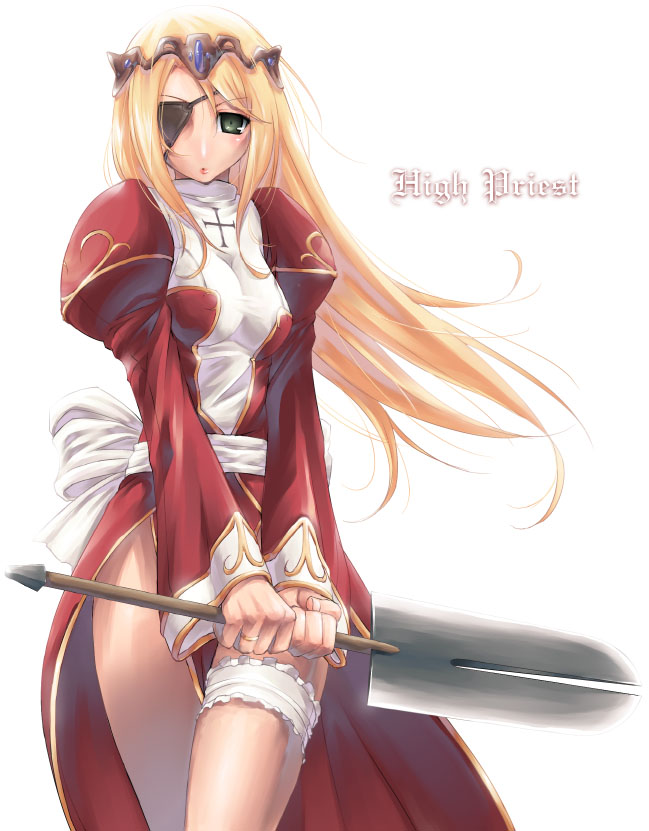high priest (ragnarok online), ragnarok online, dress, eyepatch, frilled thigh strap, green eyes, long hair, orange hair, solo, thigh strap, two-tone dress, weapon