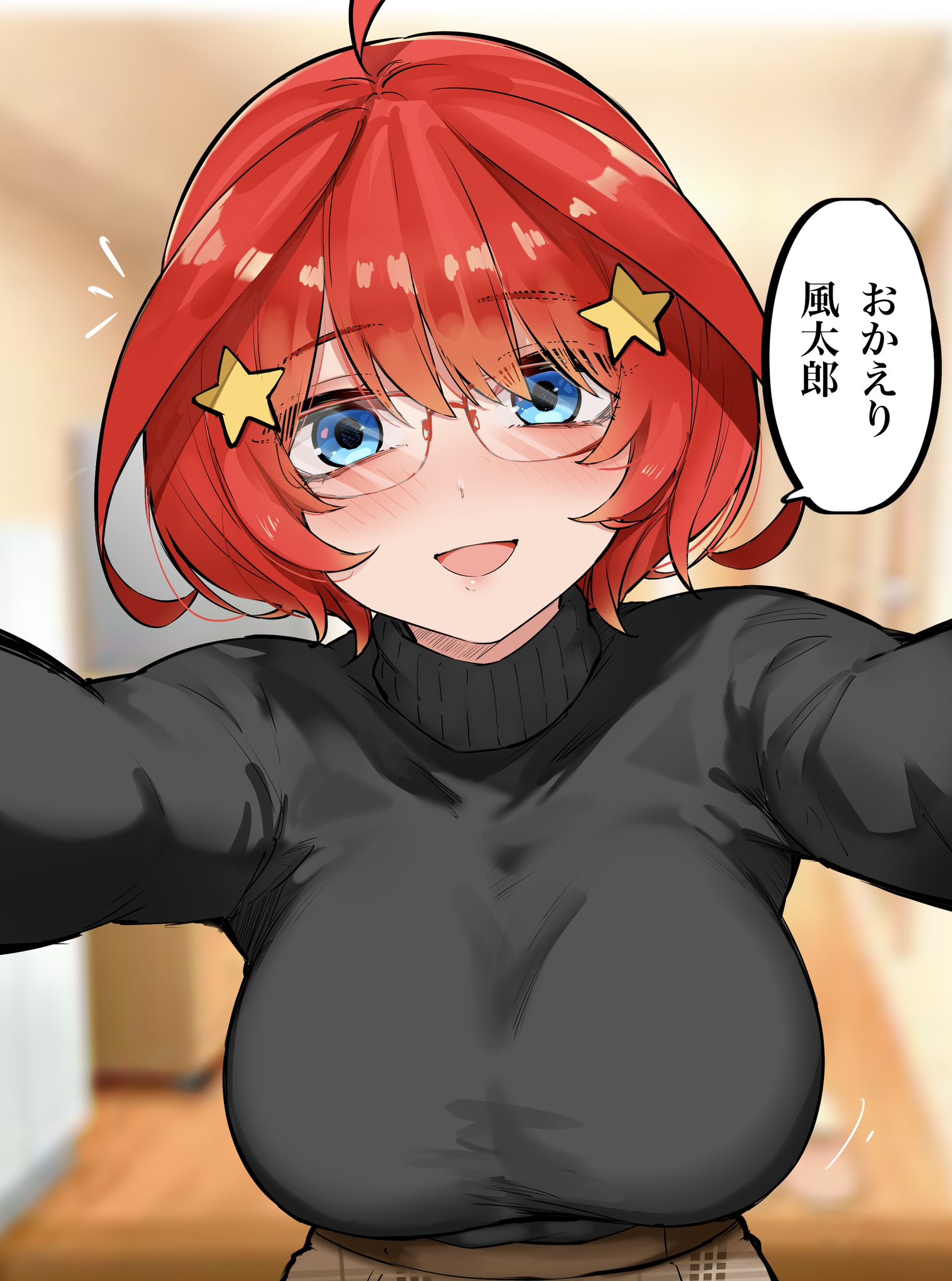 mame1645, go-toubun no hanayome, commentary request, highres, translation request, 1girl, alternate hair length, alternate hairstyle, black sweater, blue eyes, blurry, blurry background, blush, breasts, glasses, hair ornament, large breasts, looking at viewer, open mouth, red hair, short hair, smile, solo, speech bubble, star (symbol), star hair ornament, sweater, sweater tucked in