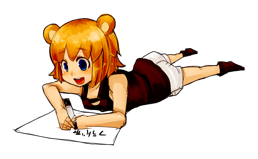 nekotei, nekotewi, kuma-tan, kumatanchi, animal ears, bear ears, blue eyes, happy, lying, orange hair, red hair, solo, writing