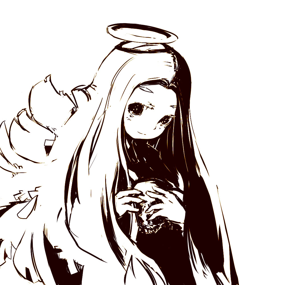 nekotei, nekotewi, 1girl, brown theme, female focus, halo, long hair, monochrome, skull, solo, wings