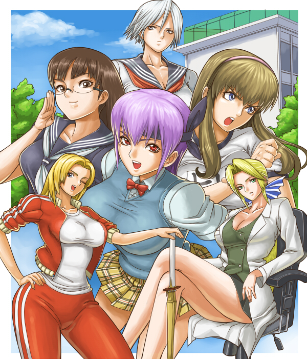 ibanen, ayane (doa), christie (doa), helena douglas, hitomi (doa), lei fang, tina armstrong, dead or alive, tecmo, silver hair, bad id, bad pixiv id, 6+girls, bandana, blonde hair, breasts, brown hair, cleavage, crossed legs, glasses, gym teacher, gym uniform, hairband, large breasts, legs, long hair, long legs, miniskirt, multiple girls, nurse, pleated skirt, purple hair, school uniform, serafuku, shinai, shirt, short hair, sitting, skirt, sweater, sword, taut clothes, taut shirt, teacher, teacher and student, thighs, track suit, weapon, wooden sword