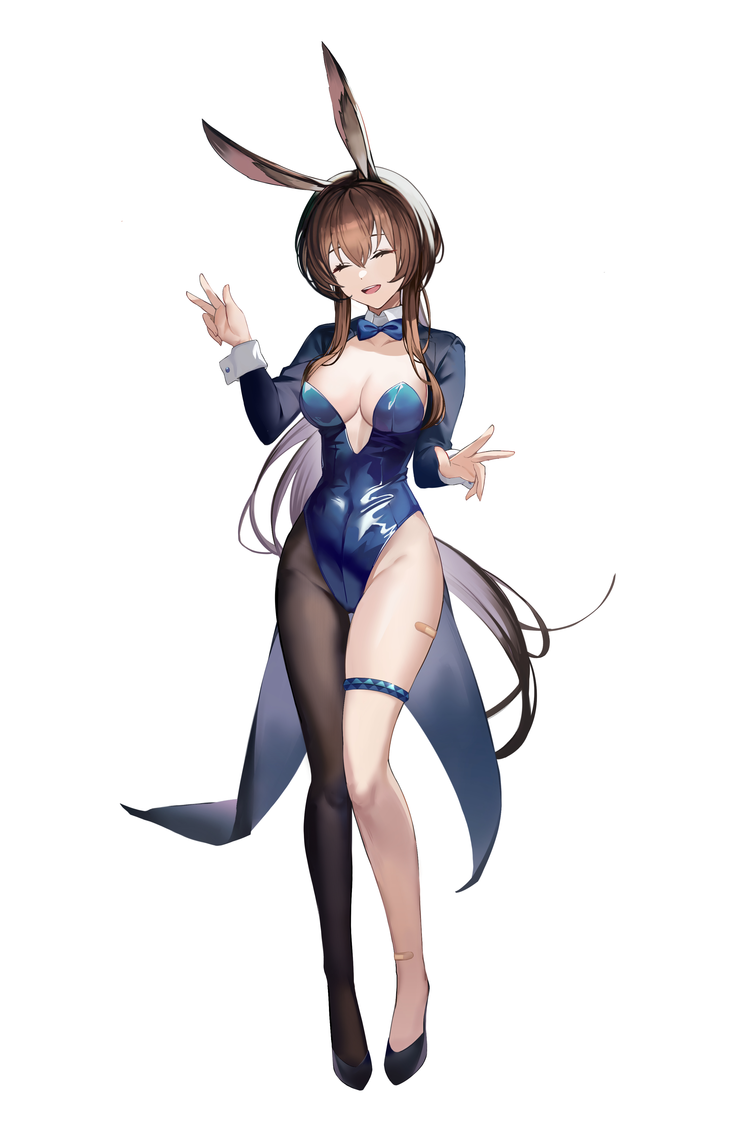 derby (dabidabi), amiya (arknights), arknights, absurdres, highres, 1girl, animal ears, asymmetrical legwear, bandaid, blue leotard, breasts, brown hair, cleavage, closed eyes, detached collar, high heels, leotard, long hair, mismatched legwear, open mouth, pantyhose, playboy bunny, rabbit ears, simple background, solo, teeth, thigh strap, upper teeth only, v
