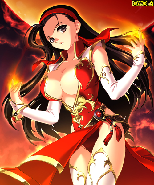 omc, original, 1girl, bandana, belt, black hair, bracelet, breasts, brown eyes, brown hair, center opening, cleavage, clothes lift, collarbone, curvy, detached sleeves, dress, dress lift, elbow gloves, female focus, fingernails, fire, floating hair, gem, gloves, glowing, groin, hairband, headband, high collar, highleg, jewelry, large breasts, long fingernails, long hair, looking at viewer, looking back, magic, no bra, outstretched arms, panties, pantyshot, parted lips, pink eyes, ribbon, side slit, solo, spread arms, standing, sun, thighhighs, thighs, underwear, very long hair, watermark, white thighhighs, wind, wind lift