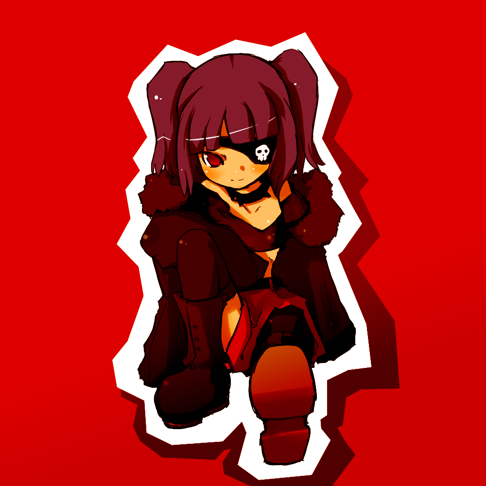nekotei, nekotewi, tagme, black boots, boots, eyepatch, purple hair, red eyes, sitting, solo