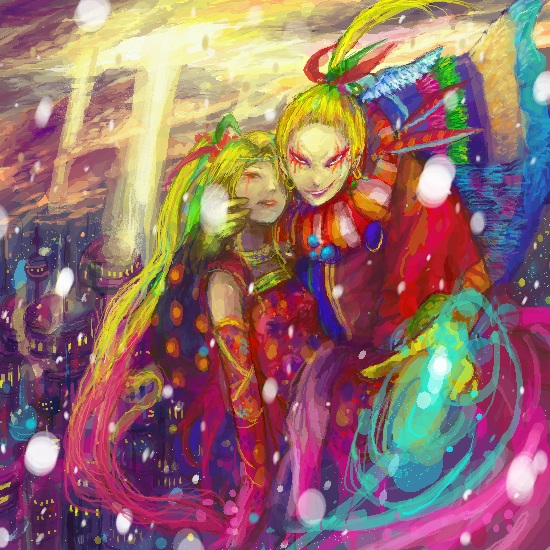 rinne (maxbeat), cefca palazzo, tina branford, final fantasy, final fantasy vi, md5 mismatch, 1990s (style), 1boy, 1girl, blonde hair, closed eyes, closed mouth, dress, hetero, hug, lips, long hair, long sleeves, looking at viewer, open mouth, ponytail, red dress, red eyes, very long hair