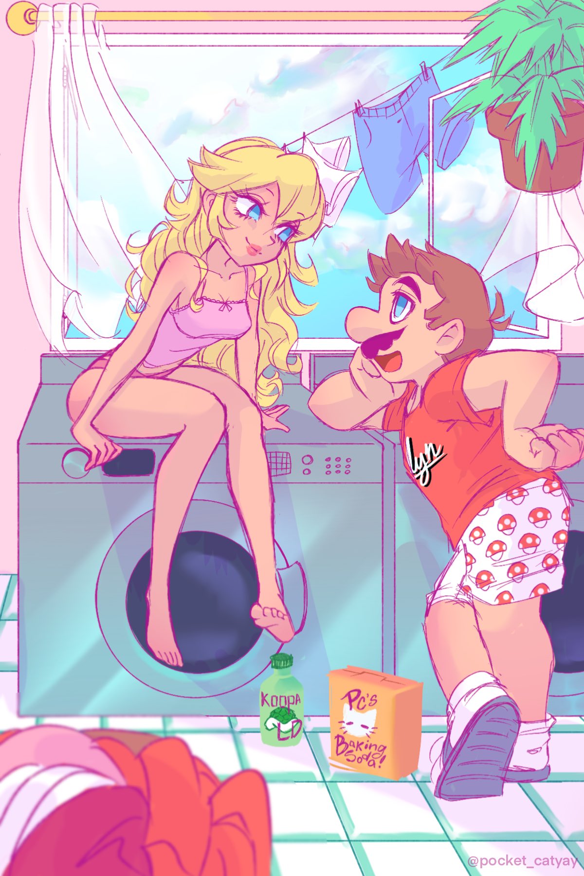 mario, princess peach, toad (mario), mario (series), nintendo, highres, 1boy, 1girl, baking soda, bare shoulders, barefoot, blonde hair, blue eyes, blue shorts, breasts, brown hair, camisole, character print, cleavage, closed mouth, clothes dryer, clothesline, cloud, cloudy sky, couple, crossed legs, curtains, facial hair, food print, full body, green shell (mario), hand on own hip, hanging from ceiling, hetero, indoors, laundry, laundry basket, leaning forward, long hair, looking at another, medium breasts, mushroom print, mustache, open mouth, panties, pink camisole, pink lips, pink panties, plant, pocket catyay, potted plant, print shirt, red shirt, shirt, shoes, short hair, shorts, sitting, sky, smile, t-shirt, tile floor, tiles, twitter username, underwear, washing machine, white shoes