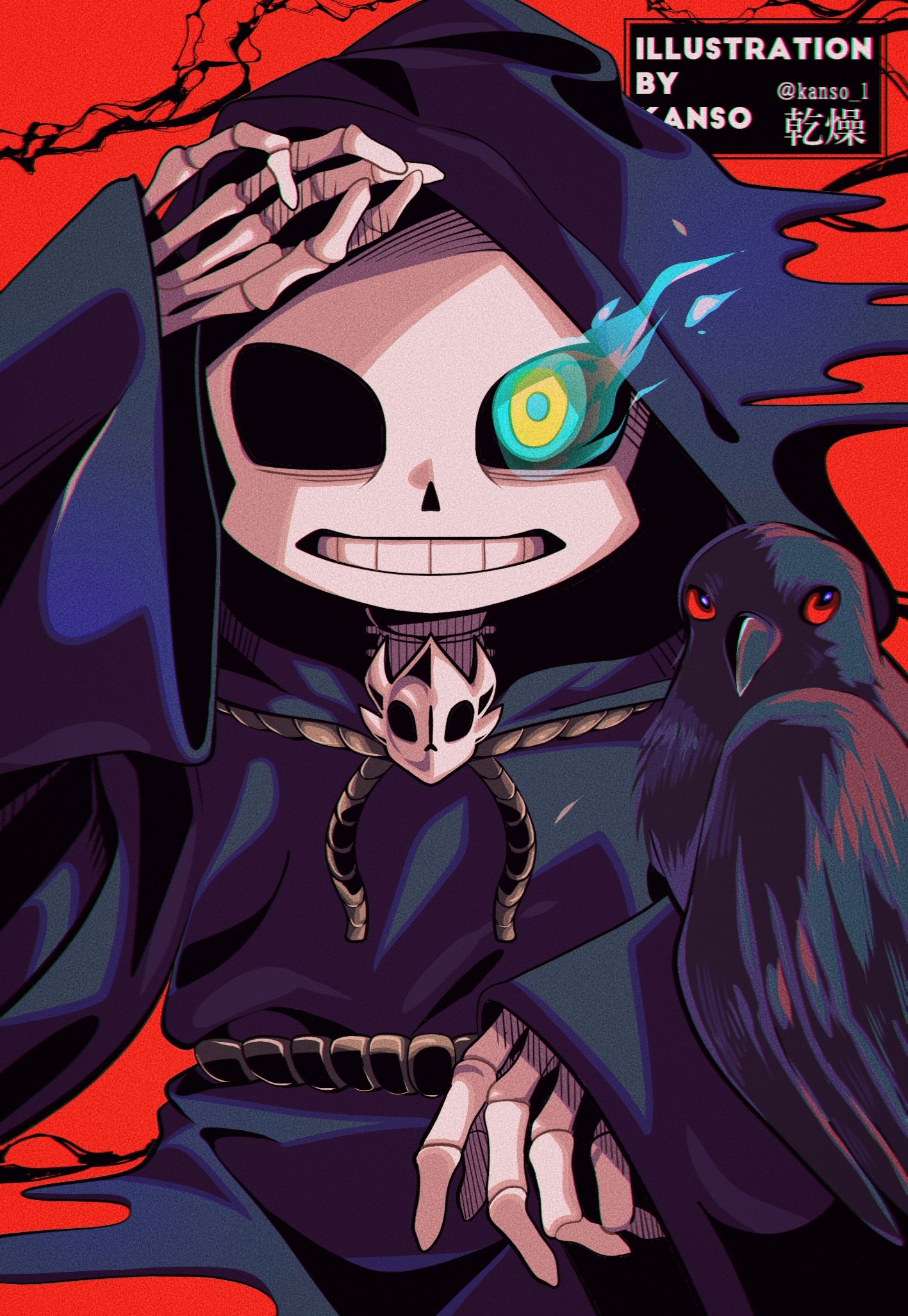 kansou (kanso 1), sans (undertale), undertale, utdr (toby fox), bad id, bad pixiv id, highres, inactive account, 1boy, animal, animal on hand, aqua eyes, bird, black bird, black robe, black sclera, clenched teeth, colored sclera, crow, film grain, flaming eye, hatching (texture), hood, hood up, hooded robe, long sleeves, male focus, multicolored eyes, reapertale, red background, robe, rope, simple background, skeleton, solo, straight-on, teeth, twitter username, two-tone eyes, upper body, watermark, wide sleeves, yellow eyes