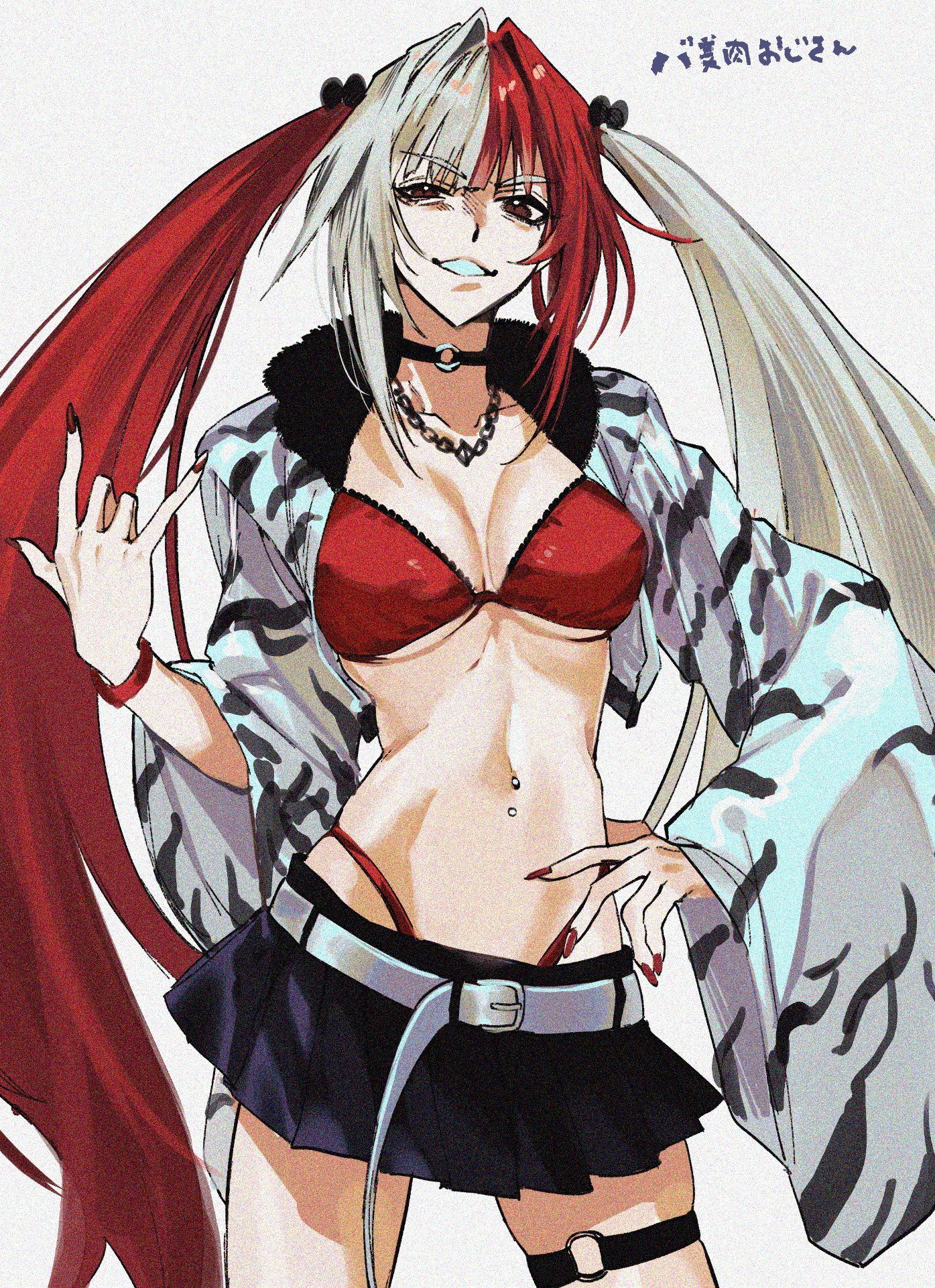 matsunaga hitsuhide (fate), fate/grand order, fate (series), highres, 1girl, belt, breasts, cropped jacket, gorilla burning, miniskirt, multicolored hair, navel piercing, piercing, red eyes, red hair, red nails, skirt, smile, solo, thigh strap, twintails, two-tone hair, white background, white belt, white hair