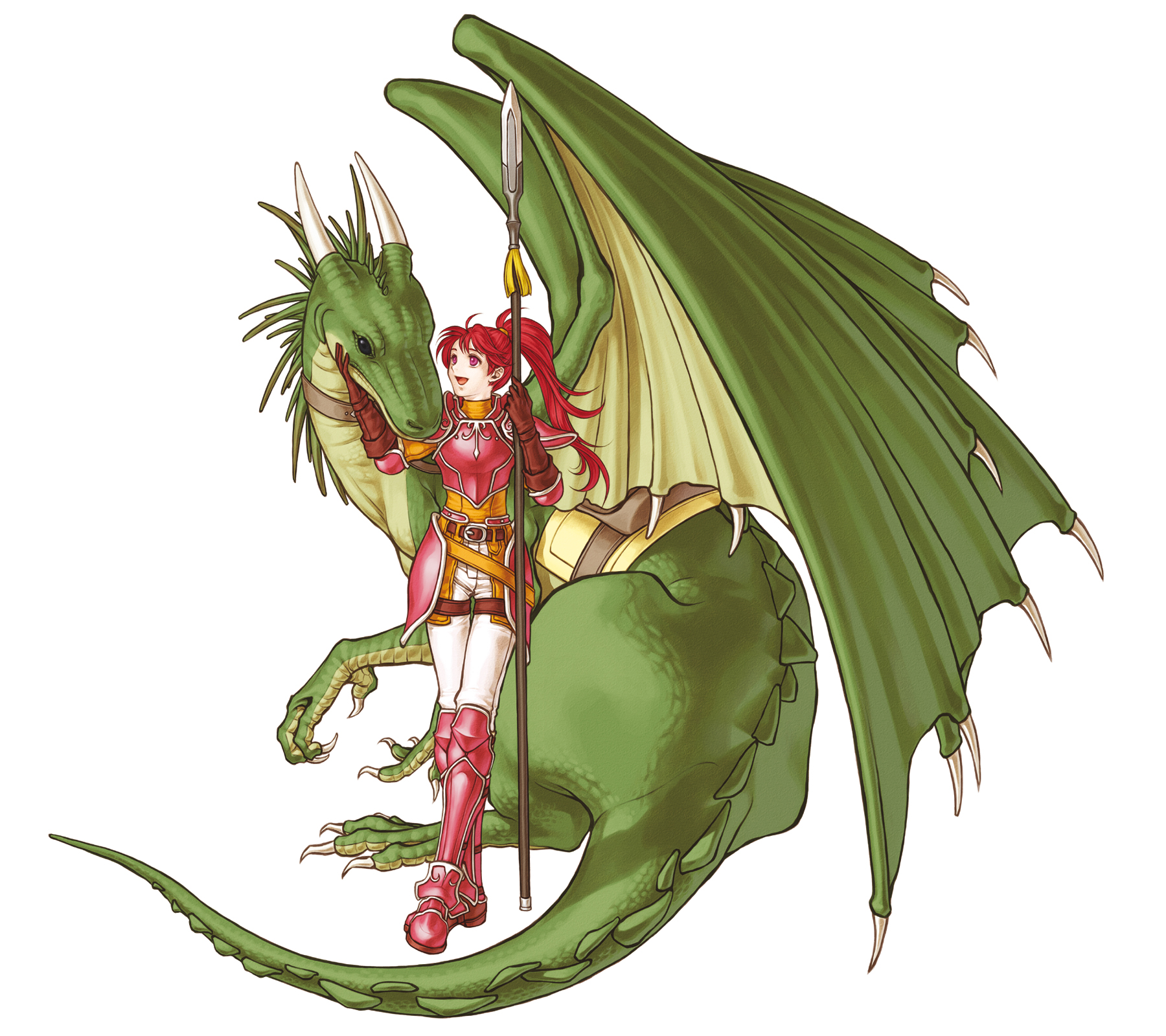 kita senri, jill (fire emblem), fire emblem, fire emblem: path of radiance, fire emblem: radiant dawn, nintendo, highres, official art, 1girl, armor, dragon, female focus, gloves, long hair, pink eyes, polearm, red hair, simple background, solo, spear, weapon, white background, wyvern, wyvern rider