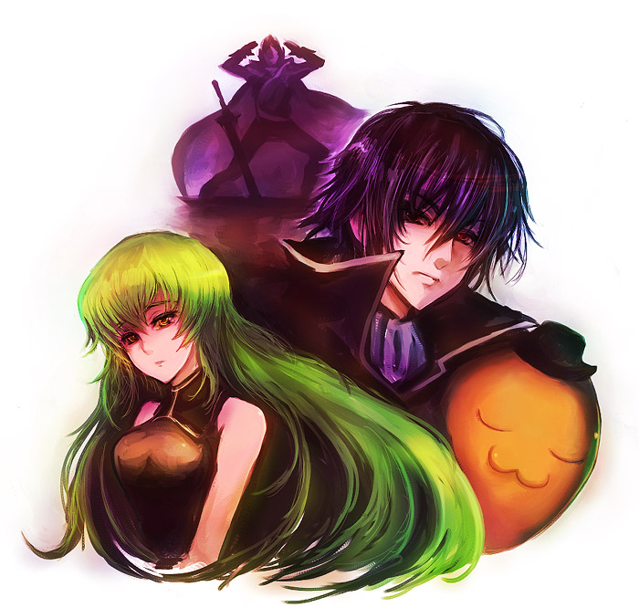 kara (color), c.c., cheese-kun, lelouch vi britannia, zero (code geass), code geass, pizza hut, 00s, 1girl, 2boys, :3, arms up, cape, green hair, halterneck, hat, long hair, multiple boys, purple hair, red eyes, short hair, sleeveless, sword, weapon, yellow eyes