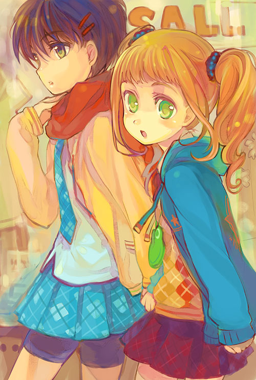 ame yamori, takatsuki yayoi, idolmaster, idolmaster (classic), bad id, bad pixiv id, 00s, :o, black hair, blush, brown hair, green eyes, hair ornament, hairclip, holding hands, orange hair, scarf, short hair, skirt, twintails