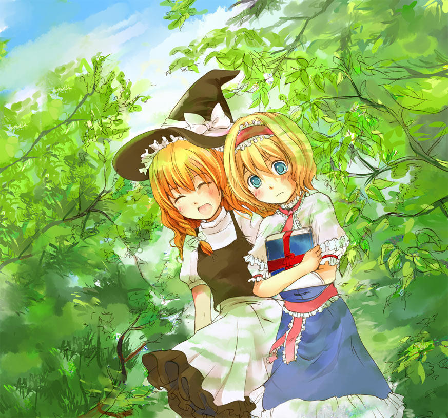 mathnote, alice margatroid, kirisame marisa, touhou, 2girls, blonde hair, blue eyes, blush, book, dress, female focus, forest, hat, multiple girls, nature, nervous, open mouth, witch hat, yellow eyes