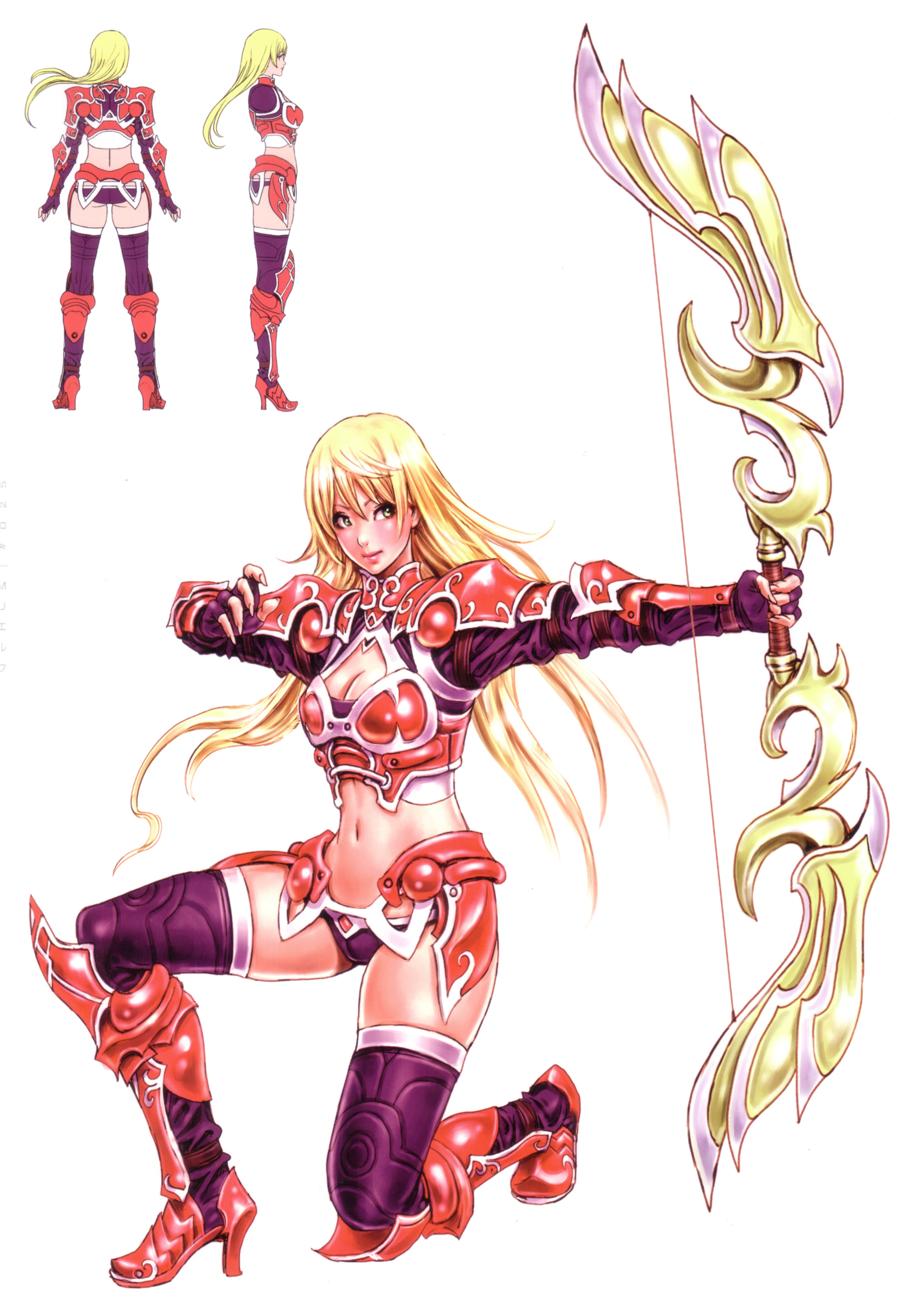 yamashita shun'ya, muse elf, mu online, wild flower, absurdres, highres, non-web source, scan, 1girl, armor, bikini armor, blonde hair, blush, boots, bow (weapon), breasts, cleavage, cleavage cutout, clothing cutout, crop top, elf, fantasy, green eyes, high boots, high heel boots, high heels, huge weapon, knee boots, kneeling, large breasts, lipstick, long hair, lowleg, makeup, midriff, multiple views, navel, no pants, on one knee, pointy ears, reference sheet, shoes, smile, standing, thighhighs, turnaround, turtleneck, weapon, zettai ryouiki