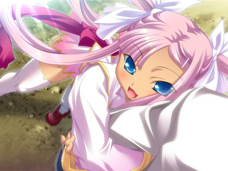 hikage eiji, hongou kazuto, sonshoukou (koihime musou), koihime musou, arm grab, game cg, 00s, 1girl, arm hug, blue eyes, female focus, hug, long hair, pink hair, ribbon, smile, solo, thighhighs, twintails