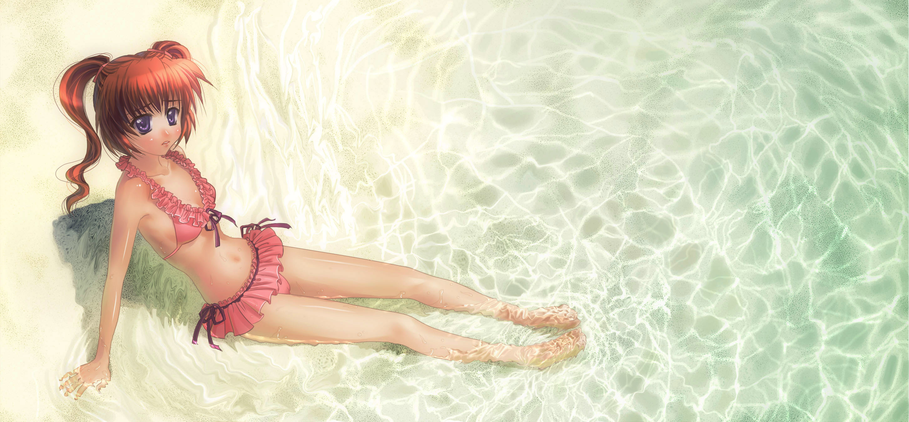 tama (new island), tamachan (pixiv), original, highres, 1girl, beach, bikini, day, female focus, frilled bikini, frills, legs, lips, ocean, outdoors, purple eyes, red hair, ribbon, short hair, sitting, solo, swimsuit, tan, twintails, water, wet