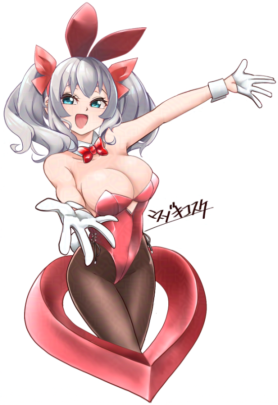 udukikosuke, kashima (kancolle), kantai collection, 1girl, alternate costume, animal ear hairband, animal ears, blue eyes, bow, bowtie, breasts, detached collar, fake animal ears, gloves, grey hair, hairband, heart, large breasts, leotard, pantyhose, playboy bunny, rabbit ears, rabbit tail, red bow, red bowtie, red leotard, smile, solo, strapless, strapless leotard, tail, twintails, white gloves, wrist cuffs