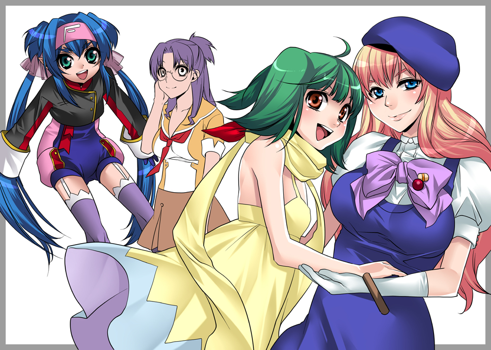 makuro, klan klein, matsuura nanase, ranka lee, sheryl nome, macross, macross frontier, bad id, bad pixiv id, 00s, blue eyes, blue hair, blush, dress, gloves, green hair, headband, long hair, pink hair, purple hair, scarf, short hair, smile, thighhighs, twintails