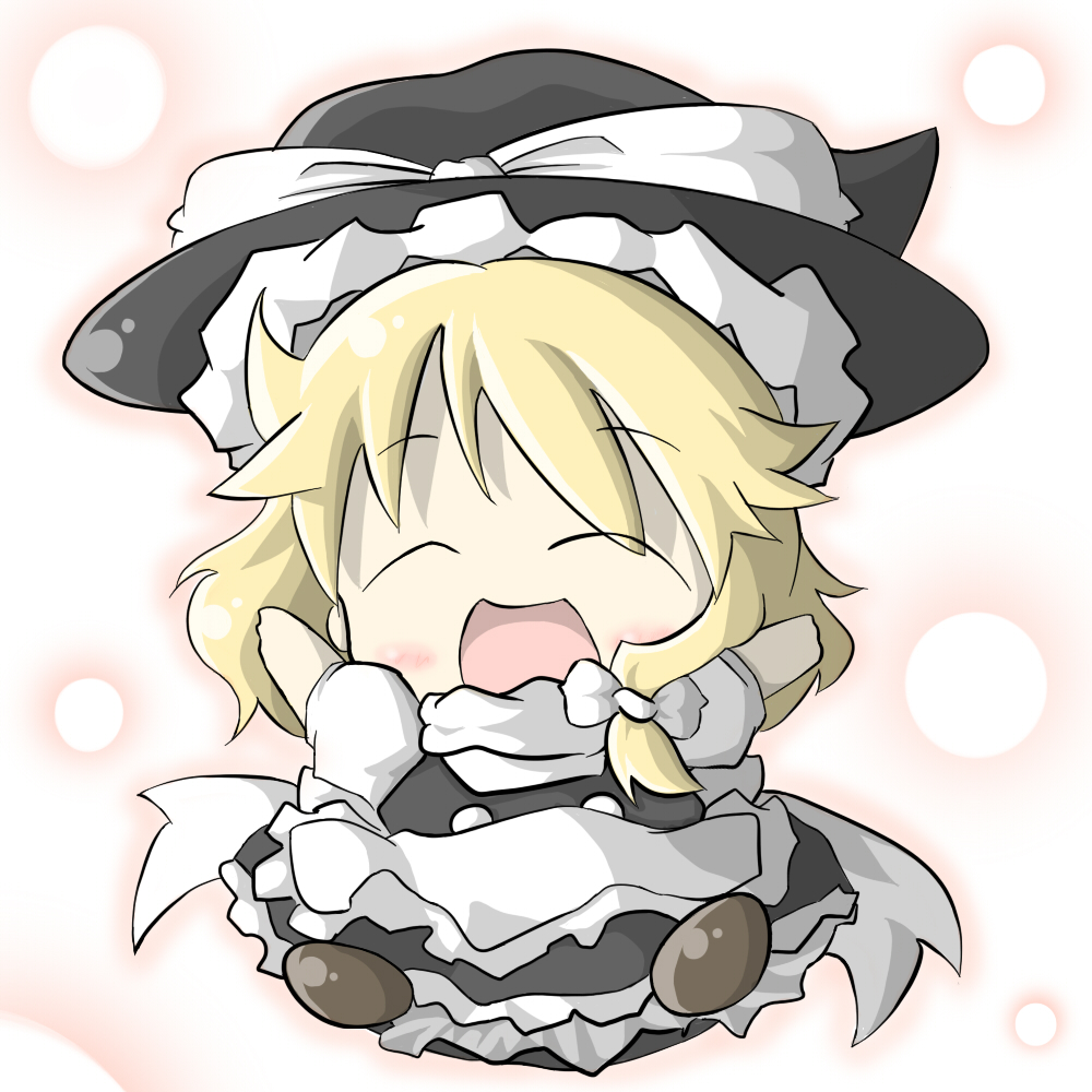 aoblue, kirisame marisa, touhou, 1girl, :d, ^ ^, apron, blonde hair, blush, chibi, closed eyes, female focus, hat, open mouth, puffy short sleeves, puffy sleeves, short sleeves, simple background, smile, solo, waist apron, white background, witch hat