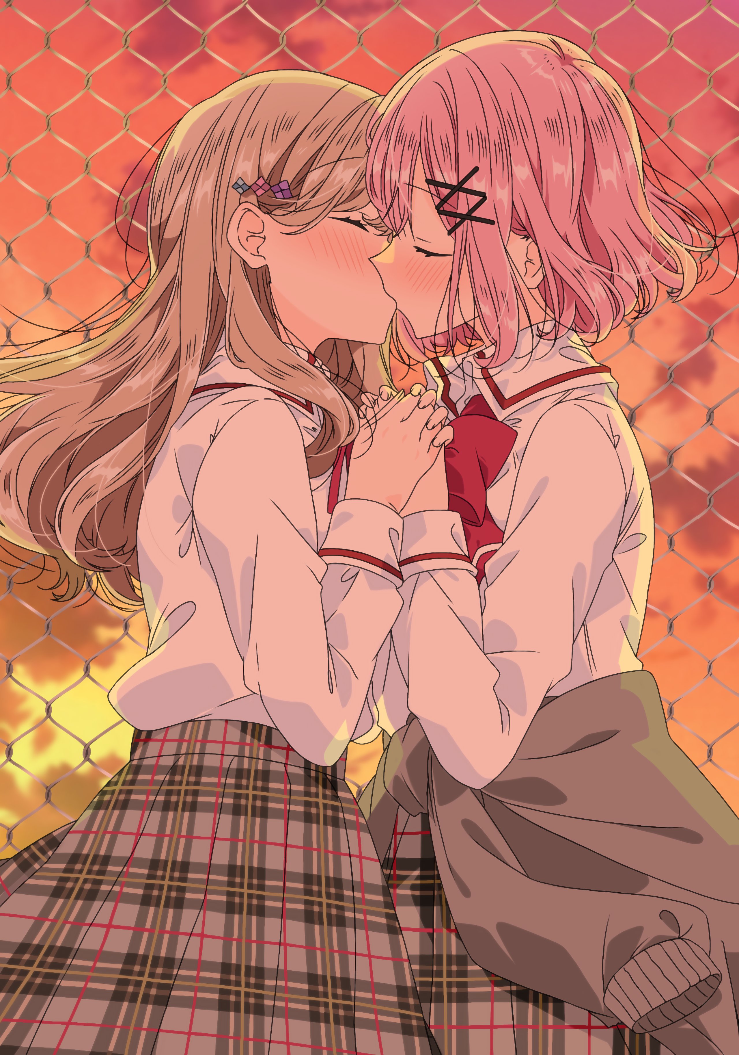 kikouma1098, amaori renako, sena ajisai, watashi ga koibito ni nareru wake naijan murimuri!, absurdres, commentary, hashtag-only commentary, highres, 2girls, bow, bowtie, brown hair, closed eyes, clothes around waist, collared shirt, dusk, grey skirt, grey sweater, holding hands, kiss, long hair, long sleeves, medium hair, multiple girls, outdoors, pink hair, plaid clothes, plaid skirt, pleated skirt, red bow, red bowtie, school uniform, shirt, skirt, sunset, sweater, sweater around waist, white shirt, yuri