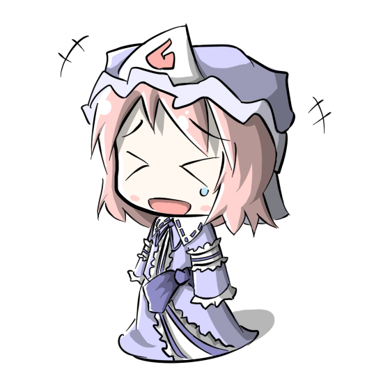 aoblue, saigyouji yuyuko, touhou, > <, 1girl, chibi, closed eyes, dress, female focus, full body, hat, simple background, solo, tears, white background