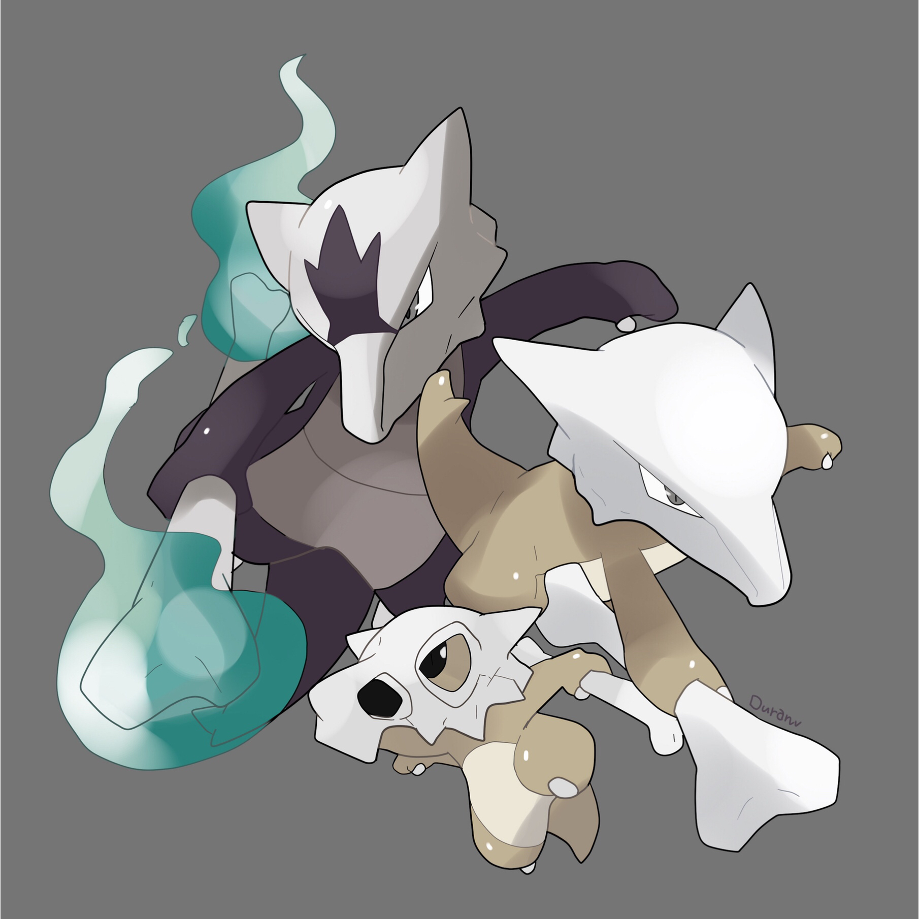 ouran, alolan marowak, cubone, marowak, nintendo, pokemon, highres, alolan form, black eyes, blue fire, bone, brown eyes, evolutionary line, fire, gen 1 pokemon, gen 7 pokemon, grey background, holding, holding bone, pokemon (creature), simple background, standing