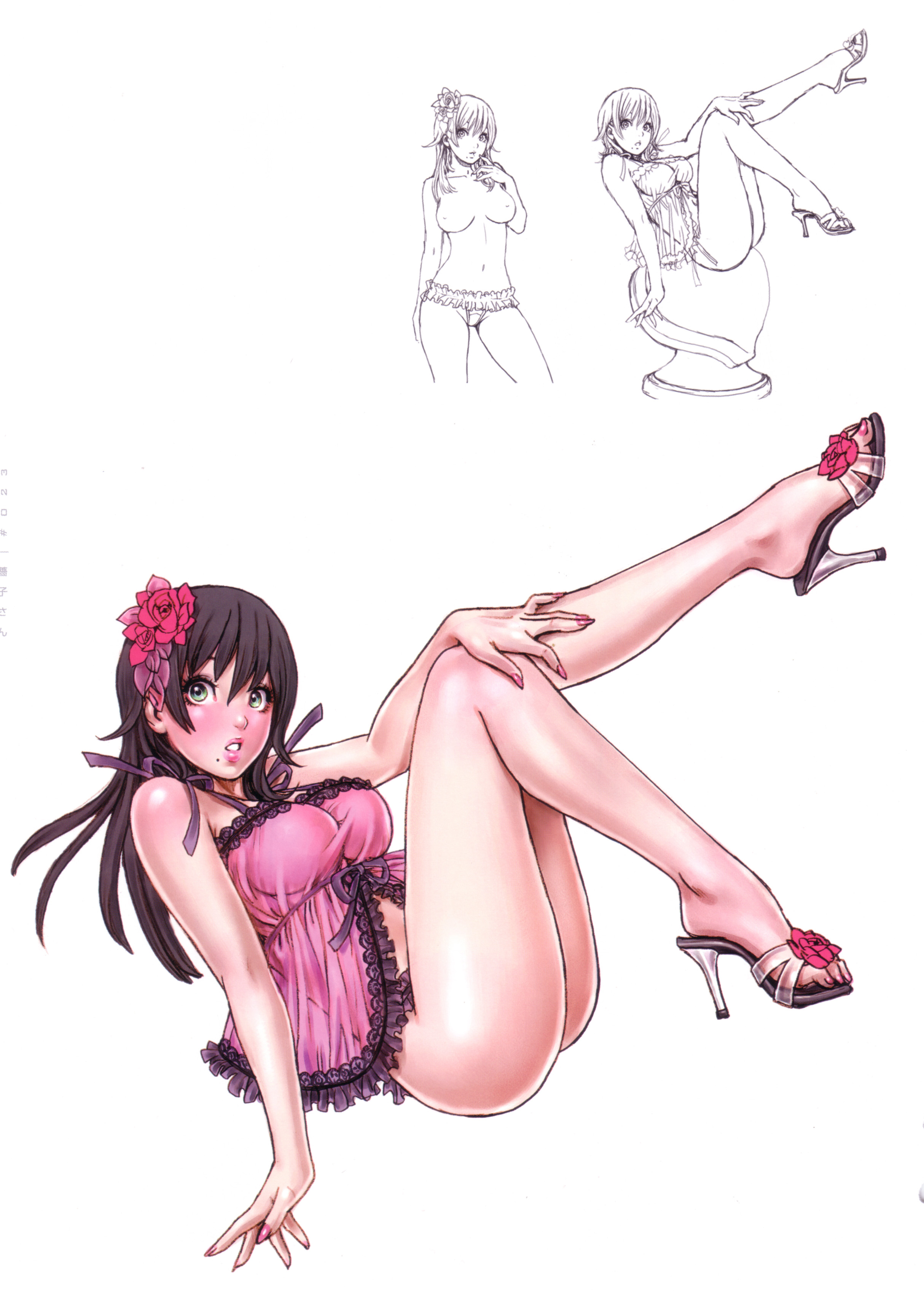 yamashita shun'ya, shouko-san, wild flower, toeless footwear, absurdres, highres, scan, 1girl, agejo gyaru, ass, babydoll, black hair, blush, breasts, feet, female focus, fingernails, flower, frilled panties, frills, green eyes, gyaru, hair flower, hair ornament, high heels, lace, large breasts, legs, legs up, lingerie, lipstick, long fingernails, long hair, long legs, lying, makeup, mole, mole under mouth, nail (hardware), nail polish, nipples, open shoes, panties, pink nails, reference sheet, rose, sandals, see-through clothes, shoes, solo, standing, toenail polish, toenails, toes, topless female, underwear